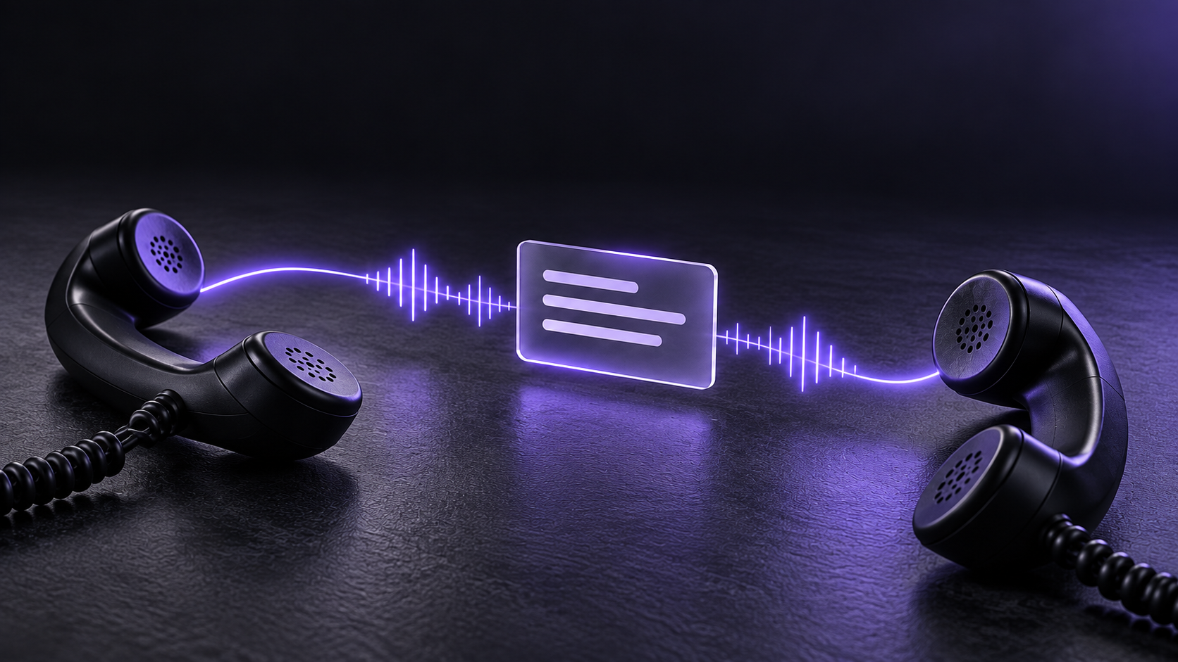 Two black telephone handsets connected by a violet waveform carrying a single summary card, illustrating call context passed along during a handover.
