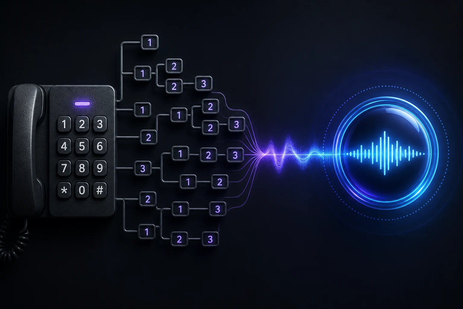 A dense violet phone-menu maze transforming into one clear conversational waveform