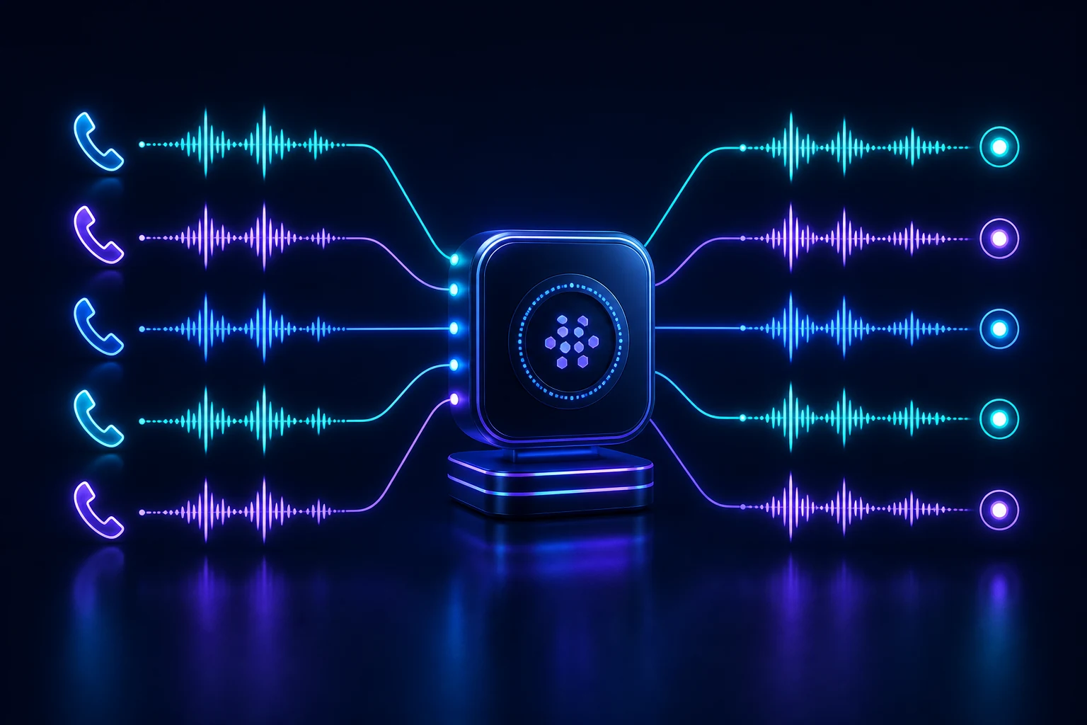 Five incoming phone calls flowing through one Voice AI hub into five separate simultaneous conversations